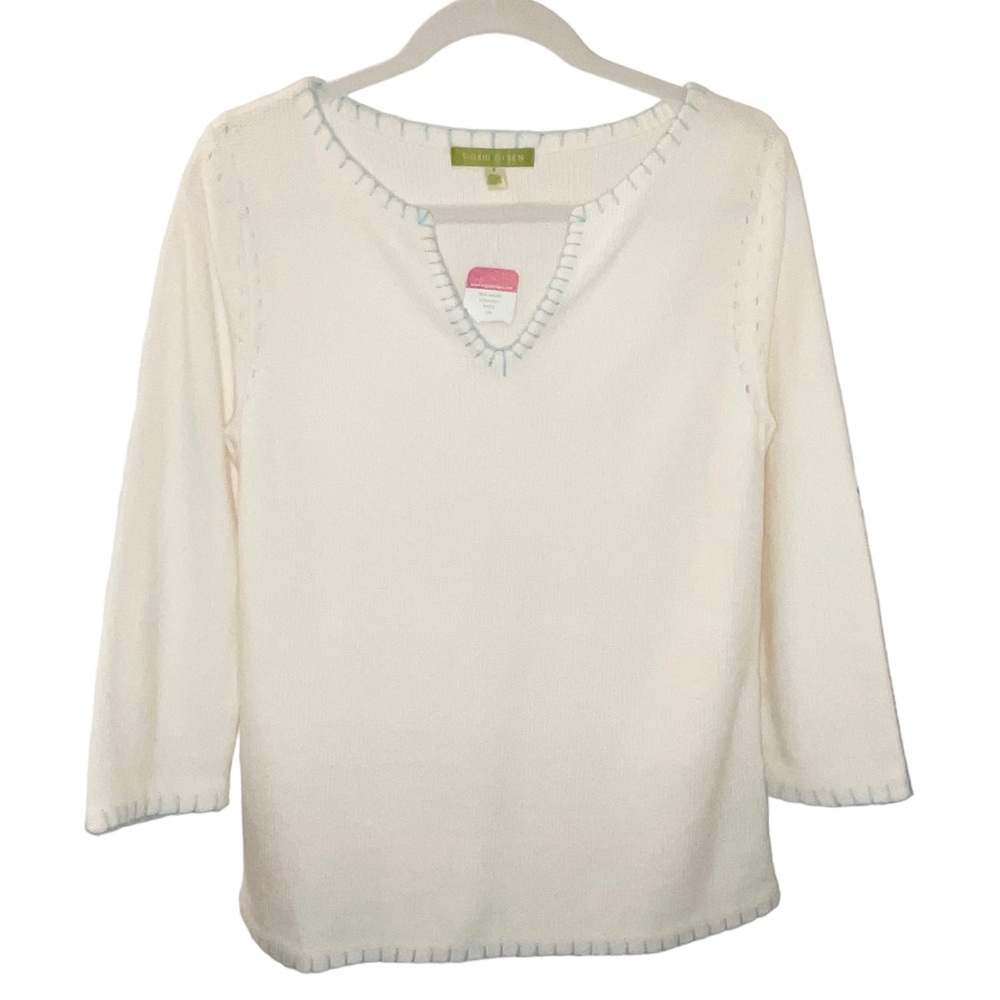 Sigrid Olsen White True Omaha Pullover Sweater Pale Blue Stitching Coastal Sz S